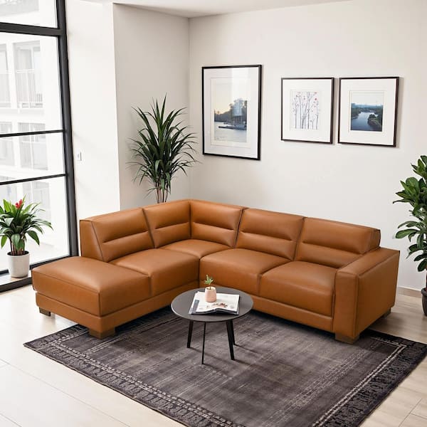 Marshall 99.8 in. Square Arm 2-Piece Faux Leather Mid-Century Modern Sectional Sofa in Cognac
