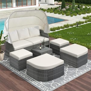 6-Piece Grey Wicker Patio Outdoor Day Bed Sunbed with Retractable Canopy and Beige Cushions for Backyard