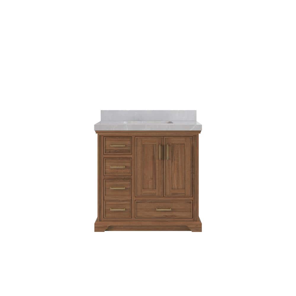 "Charlotte Teak 36 in. W x 22 in. D x 36 in. H Center Sink Bath Vanity in Dark Natural with 2"" Pearl Gray Quartz Top" price history on PriceWatchPro