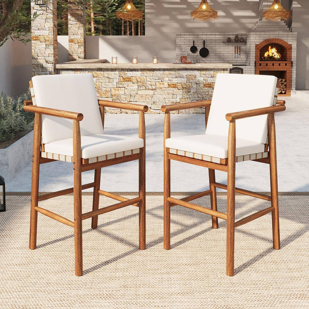 2Pcs Outdoor Acacia Wood Counter Stools with Backrest Arm, Webbing Seat & Beige Cushion for Patio price history on PriceWatchPro