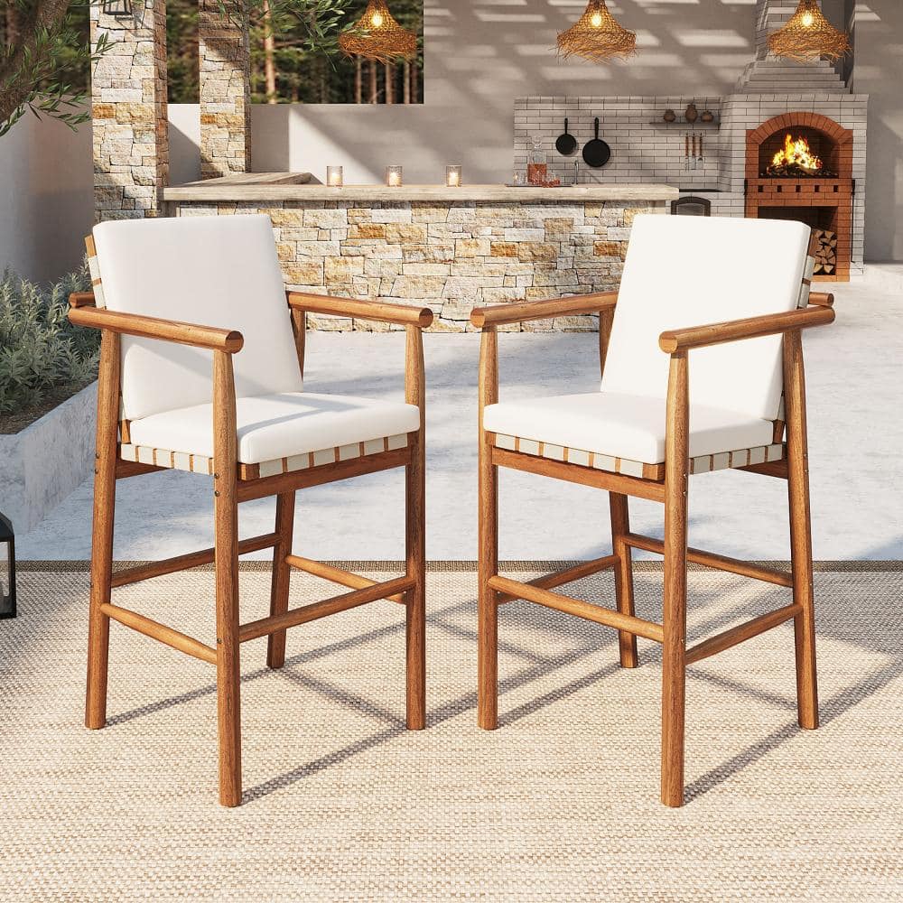 Natural Outdoor Wood Patio Bar Stools Set of 2 with Beige Cushions and Webbing Seat price history on PriceWatchPro
