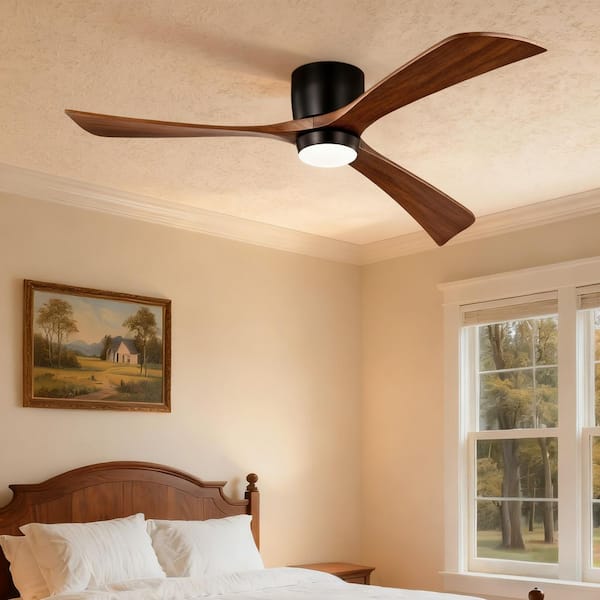 52 in. Indoor Black 3 Solid Wood Blades Integrated LED Ceiling Fan with Remote Control and Reversible DC Motor