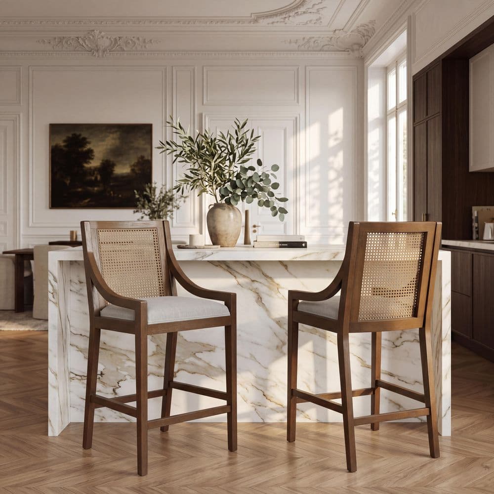 Oona 26.85 in H Beige and Walnut High Back Wood Bar Stools with Fabric Seat and Wicker Back Set of 2 price history on PriceWatchPro