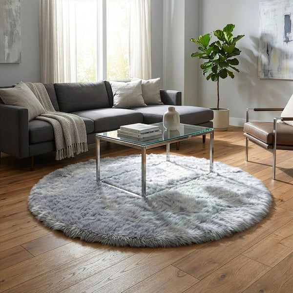 Aurora Grey 4 ft. Wide Round Faux Fur Area Rug