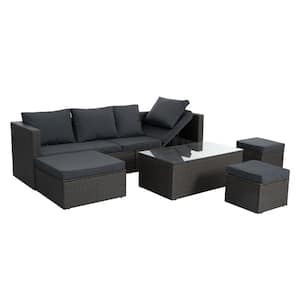 7-Piece Brown Wicker Outdoor Patio Conversation Sectional with Dark Gray Cushions, Coffee Table and Ottoman