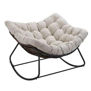 Metal Water-Resistant Outdoor Rocking Chair Dark Gray Frame with Beige Cushion For Backyard, Patio, Poolside