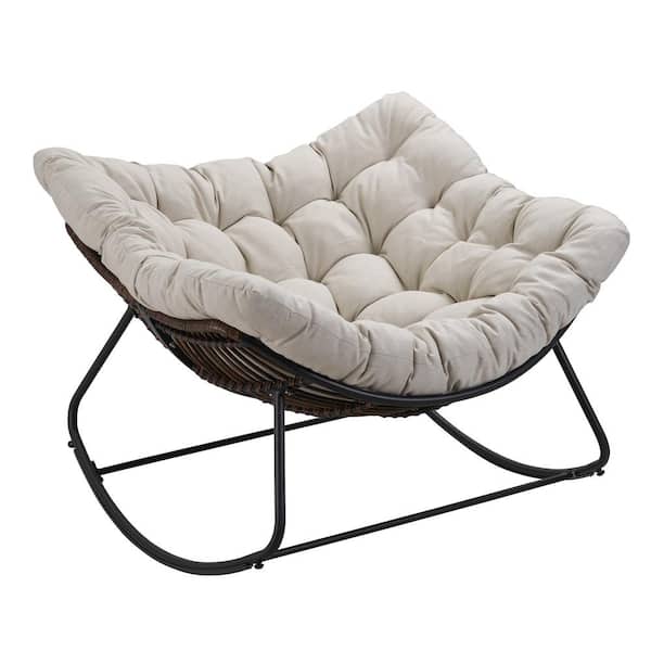 Unbranded Metal Water-Resistant Outdoor Rocking Chair Dark Gray Frame with Beige Cushion For Backyard, Patio, Poolside