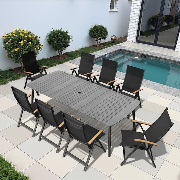 Pellebant Gray 9-Piece 92.9 in. Aluminum Wood-Like Patio Outdoor Dining Set, with Umbrella Hole Table and Folding Recline Chairs