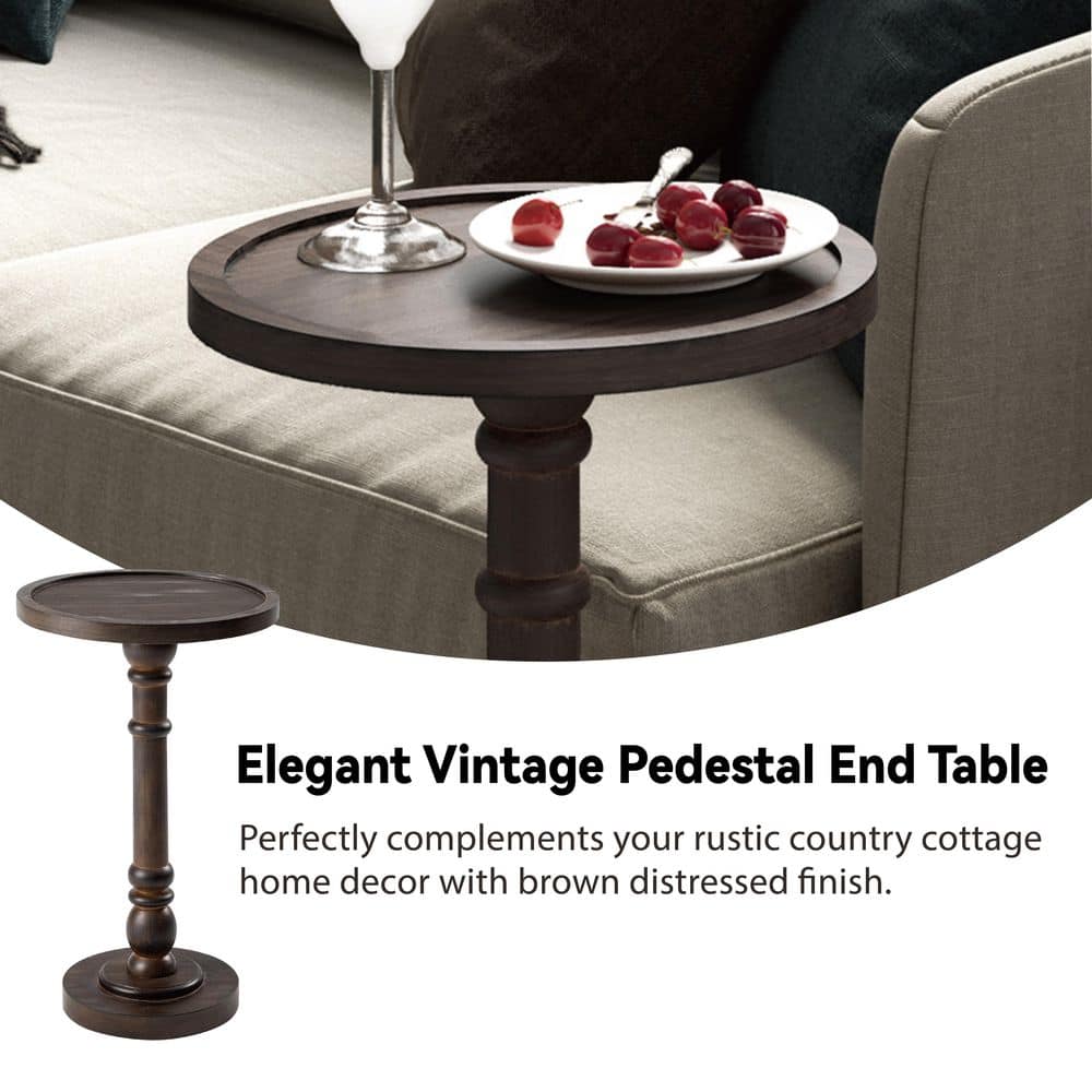 Espresso Round Wood Pedestal Tray Top End Table
