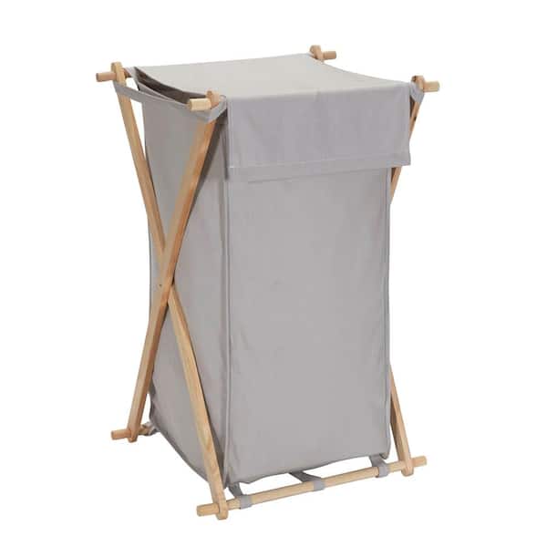 HOUSEHOLD ESSENTIALS Natural Gray, Collapsible, Polycotton, X-Frame Wood Laundry Hamper, Folding Wood Frame