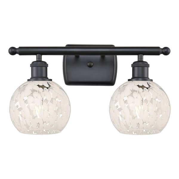 White Mouchette 16 in. 2-Light Matte Black Vanity Light with Glass Shade