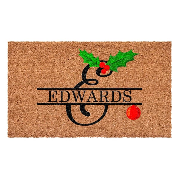 Christmas Holly 48 in. x 30 in. Coir Monogrammed Letter E Door Mat