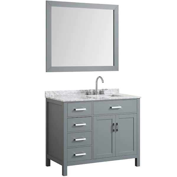 BEAUMONT DECOR Hampton 43 in. Bath Vanity in Gray with Marble Vanity Top in Carrara White with White Basin and Mirror