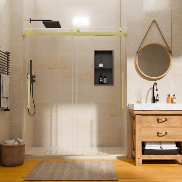 50-54 in. W x 74 in. H Sliding Frameless Shower Door in Brushed Gold with Tempered Clear Glass
