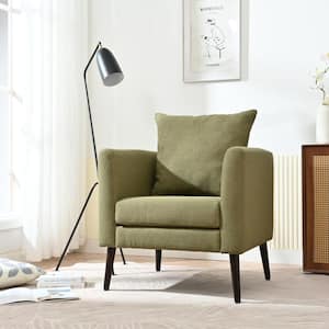 Modern Olive Green Arm Chair Fleece Fabric Accent Chair with Solid Wood Legs and Pillow