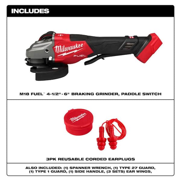 M18 FUEL 18-Volt Lithium-Ion Cordless 4-1/2 in. /6 in. Braking Grinder with Paddle Switch & Corded Red Earplugs (3-Pack)