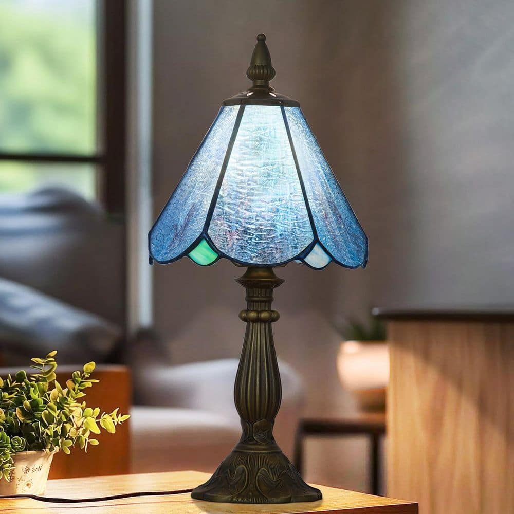 "15""H Anti-Bronze Finishing Tiffany Style Table Lamp Small Nightstand Desk Light for Bedroom Blue Stained Glass Lampshade" price history on PriceWatchPro