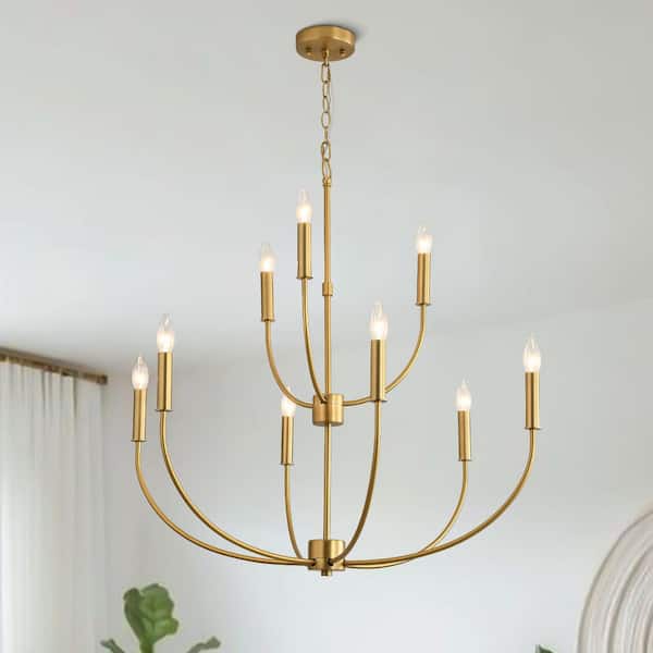 Y'INSP 9 Light Brushed Gold Industrial Candle Farmhouse Chandelier Rustic Pendant Light Fixture Modern Vintage Ceiling Light