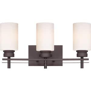 Carena 7.875 in. Indoor Antique Bronze Bath/Vanity Wall Mount Sconce with Etched White Cased Glass Cylinder Shades