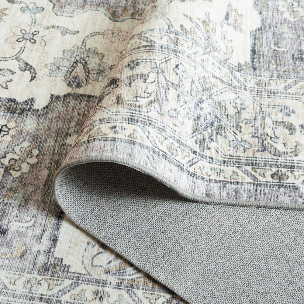 Light Grey and Beige Medallion Synthetic Washable Area Rug 5' x 8'