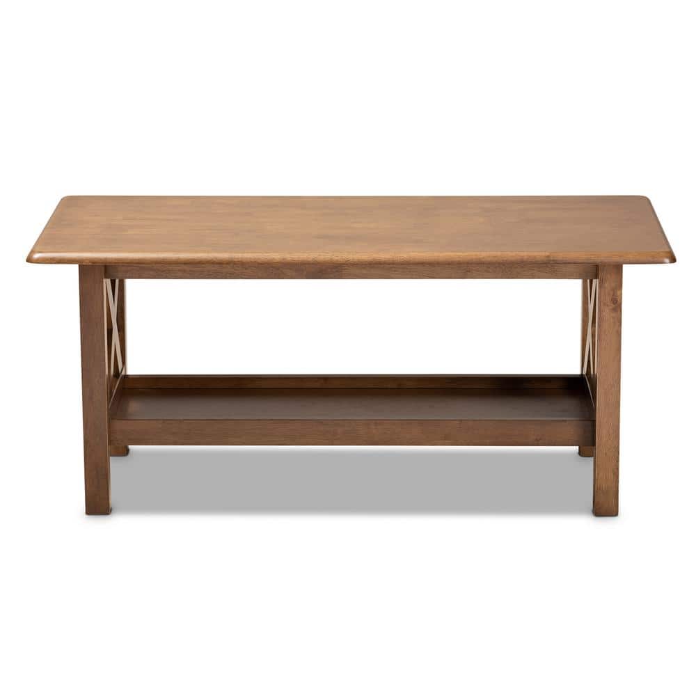 Walnut Brown Rectangular Solid Wood Coffee Table with Shelf