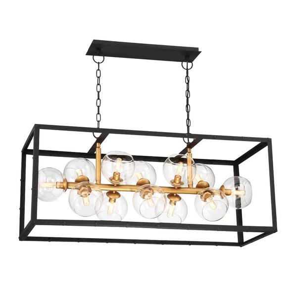 Eurofase Bentley Collection 12-Light Black and Gold Linear Chandelier with Glass Shade