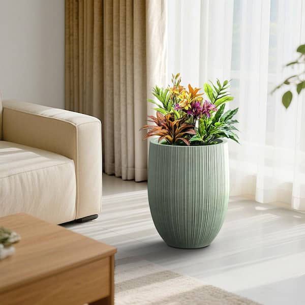 17in. Large Greyish Green Concrete Round Fluted Planter Pot Barrel-Style Plant Pot with Drainage Holes,Upgraded Interior