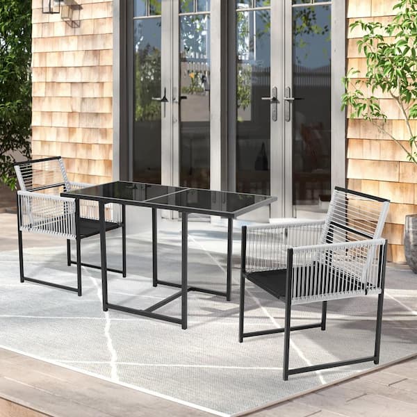 JEAREY Black 3-Piece Metal Rectangular Glass Tabletop Table Patio Outdoor Dining Set with Rattan Foldable Backrest Chairs