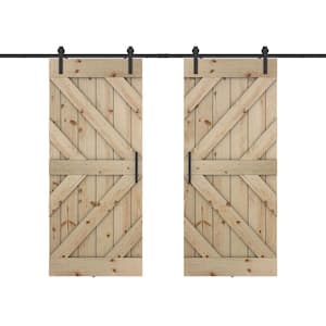 Triple KR 56 in. x 84 in. Fully Set Up Unfinished Pine Wood Sliding Barn Door with Hardware Kit