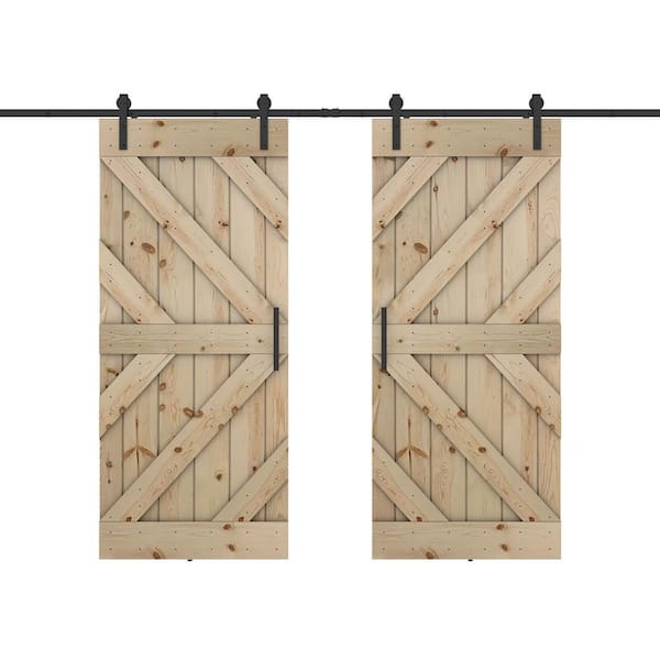 Dessliy Triple KR 72 in. x 84 in. Unfinished Pine Wood Sliding Barn Door with Hardware Kit (DIY)