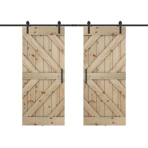 Triple KR 72 in. x 84 in. Fully Set Up Unfinished Pine Wood Sliding Barn Door with Hardware Kit