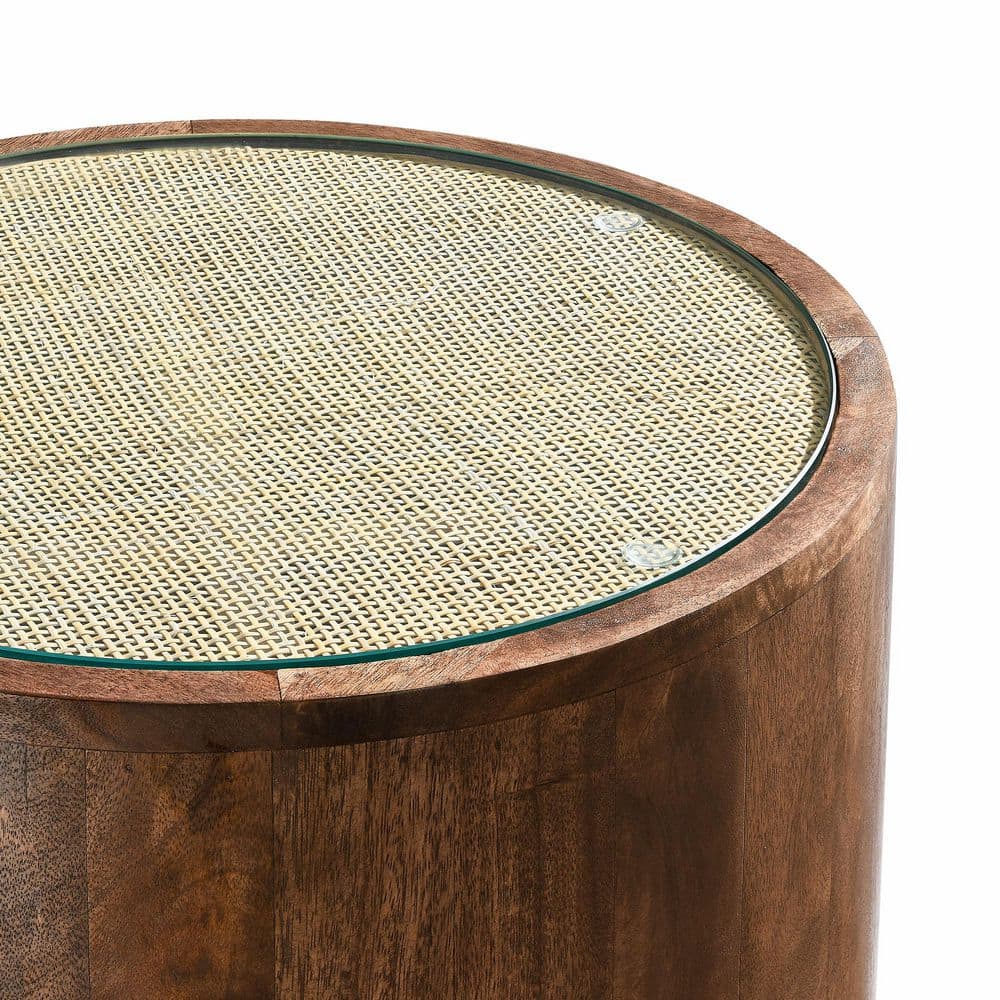 Truett Round Walnut Wood Rattan Side Table with Glass Top