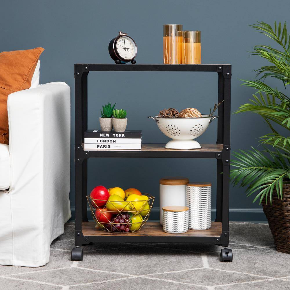 Elegant Black Metal 3-Tier Rolling Storage Cart with Wood Shelves