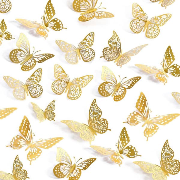 48-Piece 4.7 in. x 4.7 in. Gold 3D Butterfly Wall Decal