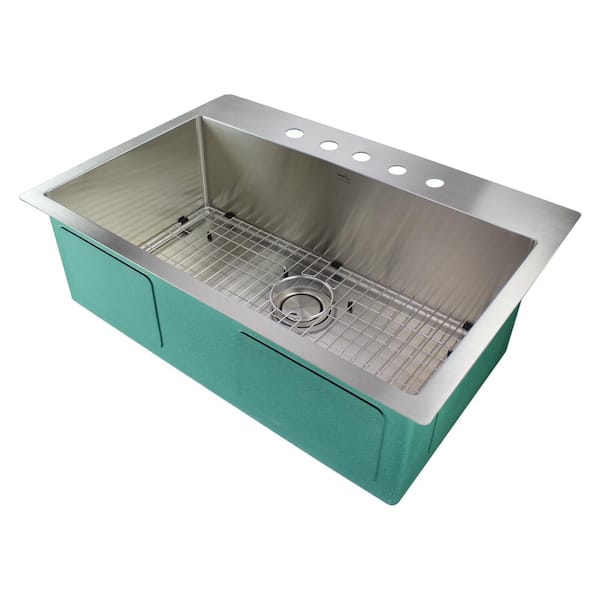 Transolid Diamond Dual Mount Stainless Steel 32 in. 5-Hole Single Bowl Kitchen Sink in Brushed