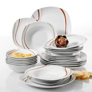 Bonnie 24-Piece Ivory White Brown Lines Porcelain Dinner Set with Dessert Soup Dinner Plates Service for 6