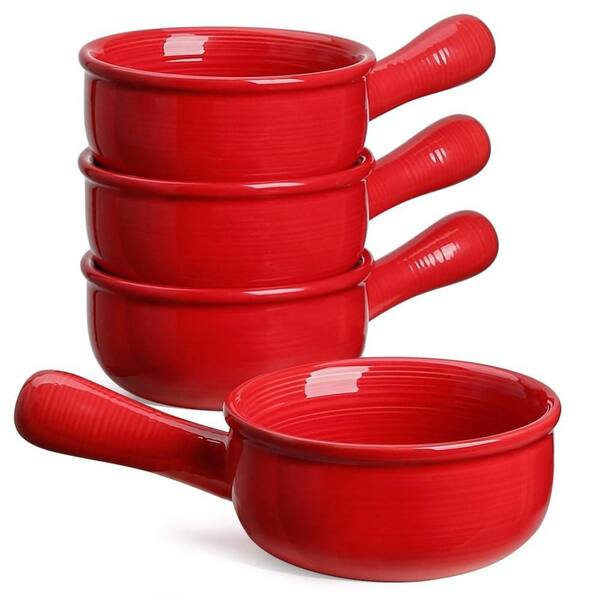 15 oz. Ceramic French Onion Soup Bowl with Handle for Chili, Beef Stew, Oven Microwave Dishwasher Safe, Red (Set of 4)