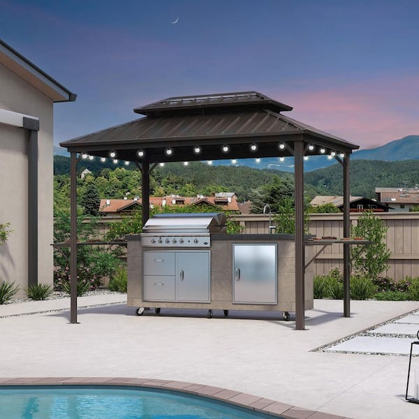 6.5 ft. x 10 ft. Hardtop Grill Gazebo for Patio Aluminum Barbecue Shelter Gazebo, Hooks,Shelves Double Tiered 24-Lights