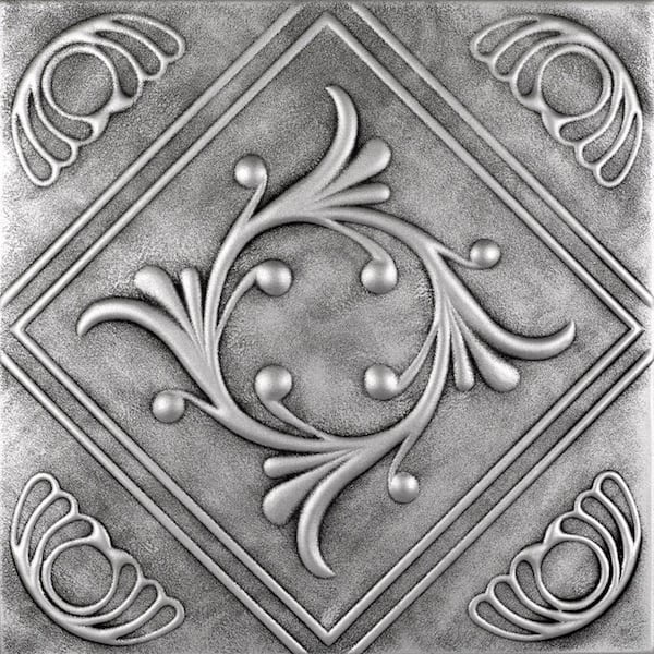 A La Maison Ceilings Diamond Wreath Antique Silver 1.6 ft. x 1.6 ft. Decorative Foam Glue Up Ceiling Tile (21.6 sq. ft./Case)