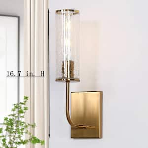 Modern 1-Light Brass Wall Sconce 16.7 in. H Cylinder Candlestick Upward Downward Vanity Light with Cracked Glass Shade