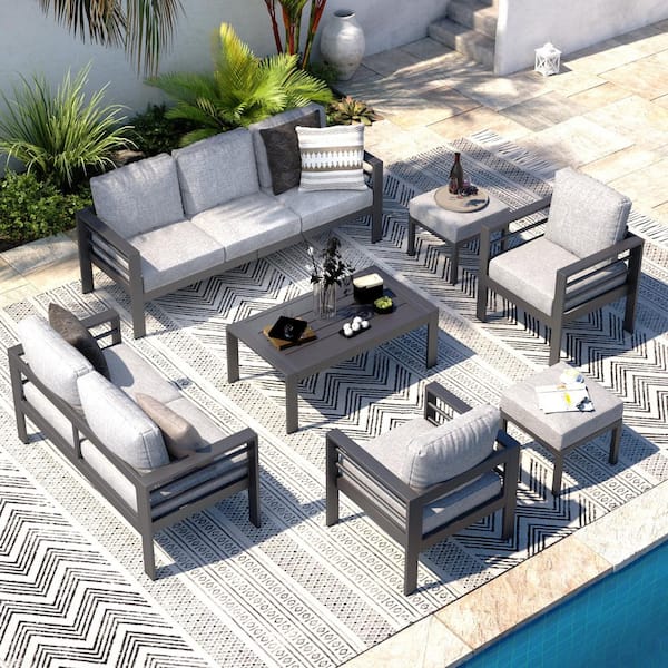 Sudzendf 7-Piece Wicker Outdoor Conversation Patio Furniture Set with Gray Cushions