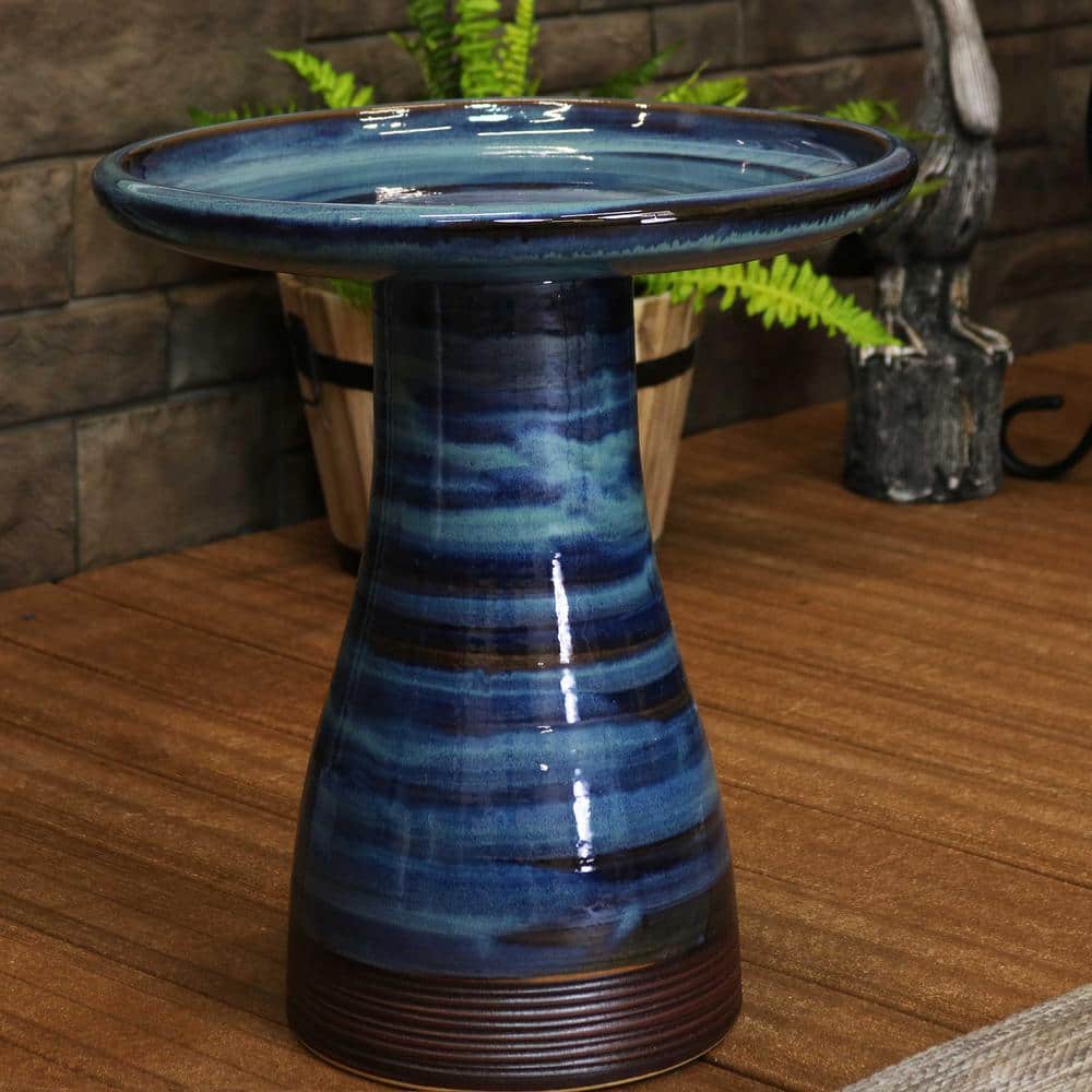 Galaxy Blue Ceramic Bird Bath with Ribbed Pedestal, 21" H