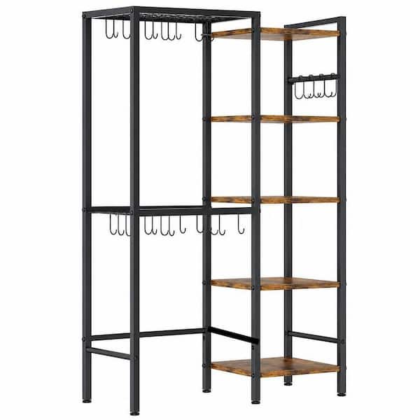 5-Tier Black Brown Pot and Pan Organizer with Hooks, Kitchen Storage Shelf for Cookware, Freestanding Metal Pot Rack