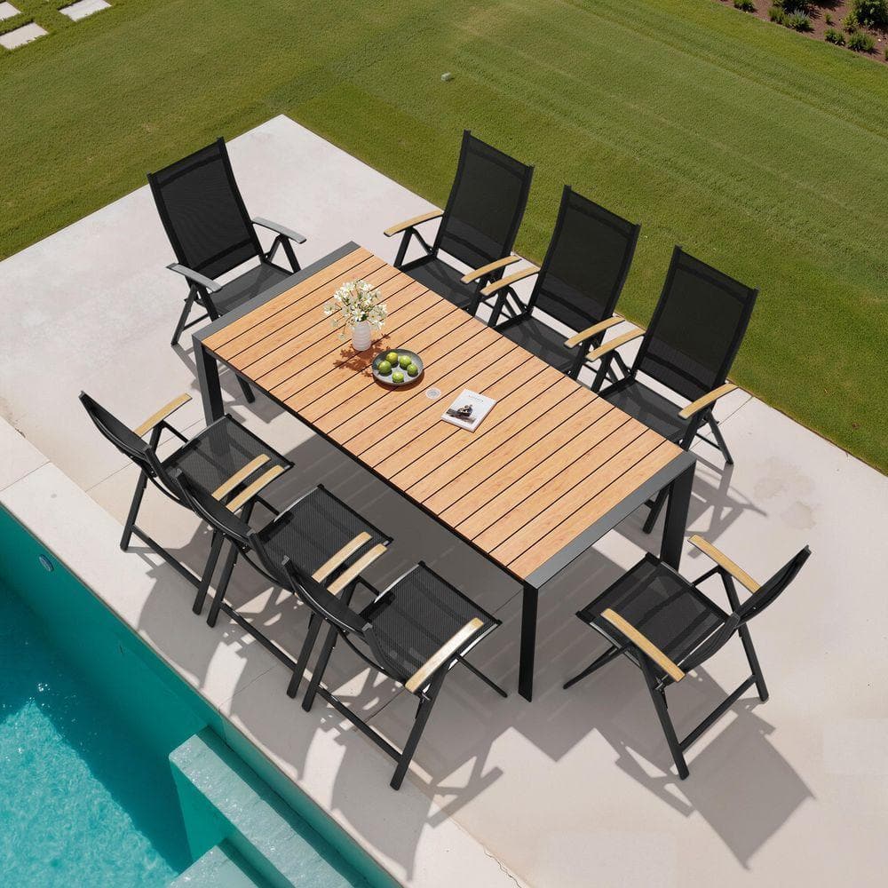 9-Pieces W-Pieces Board Outdoor Patio Dining Set Brown Stable Table Foldable Chair w/ Teak Armrest 8-Level Back For Deck