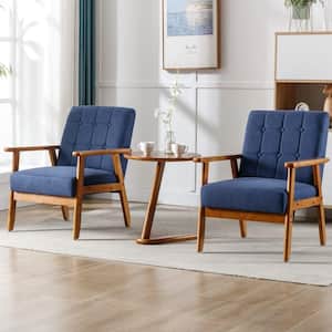 Modern Navy Blue 3-Pieces Upholstered Accent Chairs Set of 2 with Round Side Table Wood and Fabric Armchairs Side Chair