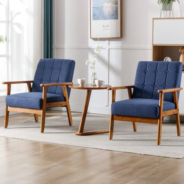 Unbranded Modern Navy Blue 3-Pieces Upholstered Accent Chairs Set of 2 with Round Side Table Wood and Fabric Armchairs Side Chair