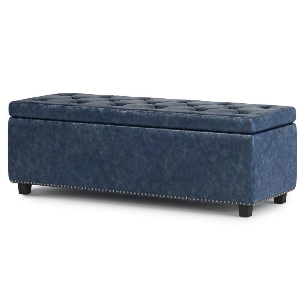 Hamilton Traditional Tufted Denim Blue Faux Leather Storage Footstool