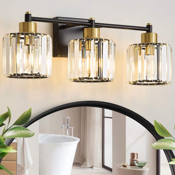 Modern Luxury 22 in. 3-Light Black and Gold Dimmable Bathroom Vanity Light with Crystal Shades