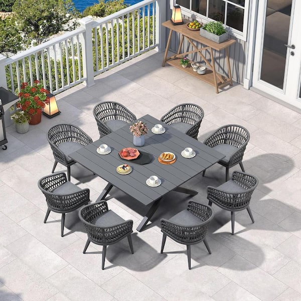 PURPLE LEAF 9-Piece Aluminum All-Weather PE Rattan Square Outdoor Dining Set with Cushion, Gray