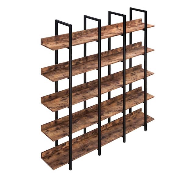 Tatahance Industrial Style 70.9 in. Wide Brown Finish 5 Shelf Open Bookcase with Black Metal Frame